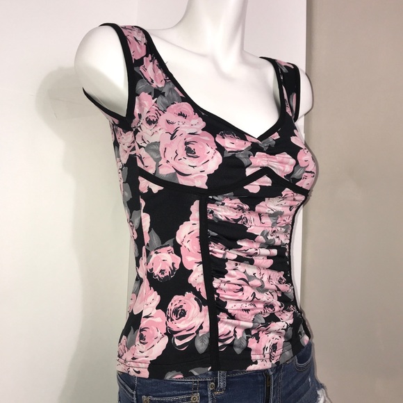 Bizz Girl Black Trim Pink Floral Ruched Tank Top - Picture 3 of 7